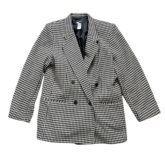 Vintage 1980s Requirements Black White Houndstooth Wool Blend Lined Blazer Sz 12 - Picture 6 of 12